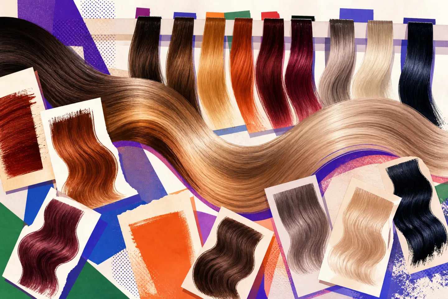 Abstract editorial workbench of flowing hair-fiber swatches in honey blonde, espresso brown, copper, cherry red, smoky beige, and ink black over layered violet, orange, blue, and green paper shapes.