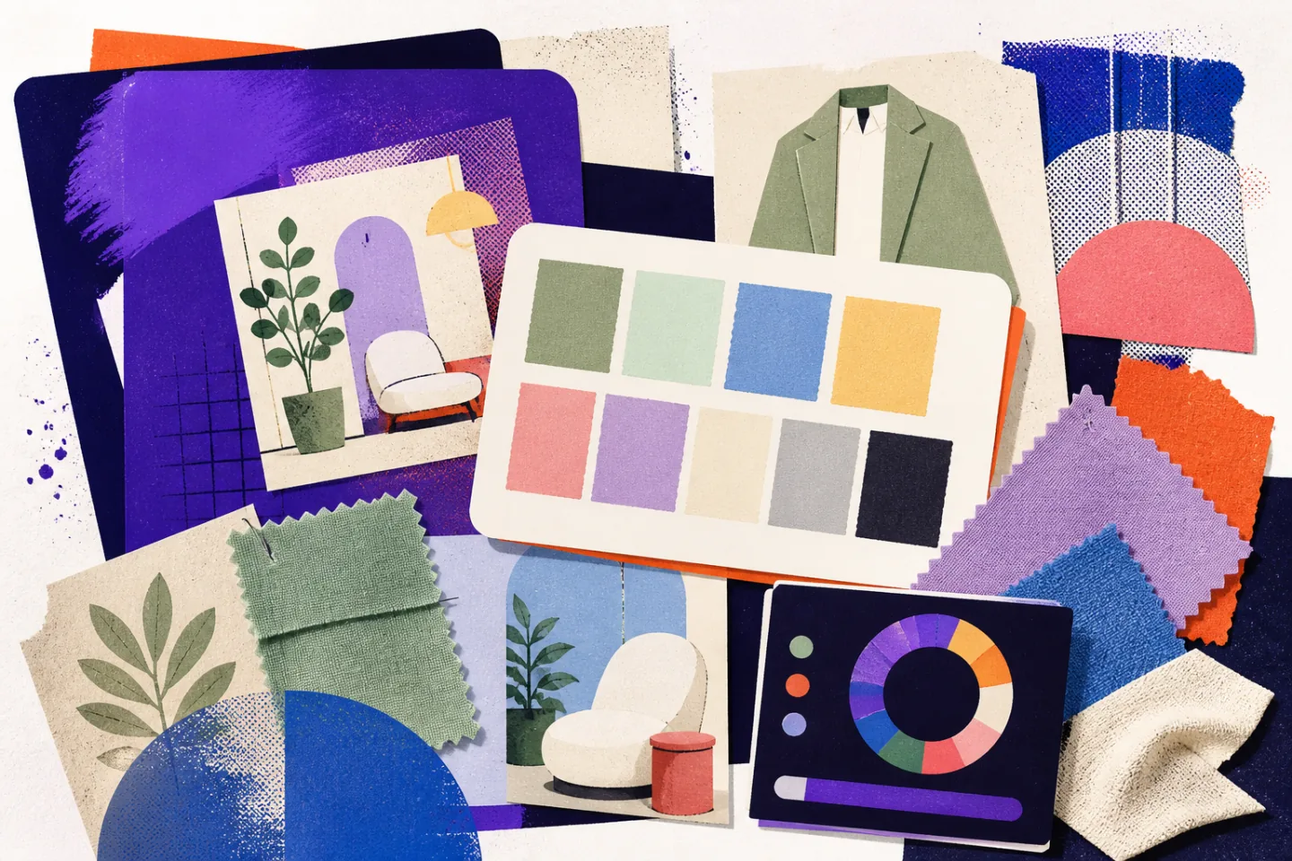 Layered editorial color workbench with spring fabric swatches, interior cut-paper studies, and a violet-backed color wheel in mint, blue, yellow, coral, and lavender.