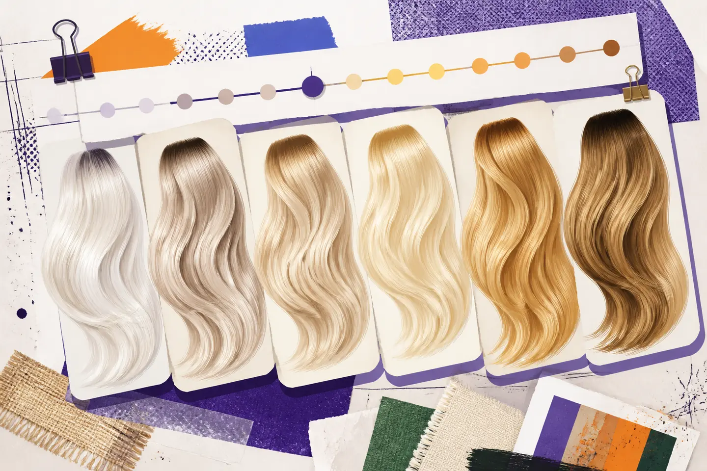 Six fiber-like blonde color swatches ranging from icy platinum through beige and honey to bronde, arranged on crooked paper cards with violet offset shadows.
