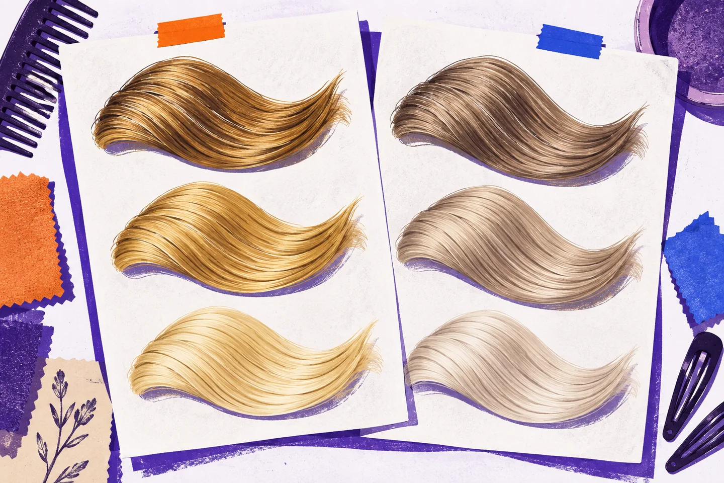 Illustrated warm golden and cool ash blonde hair swatches paired at dark, medium and light depths on tilted paper sheets with violet shadows.