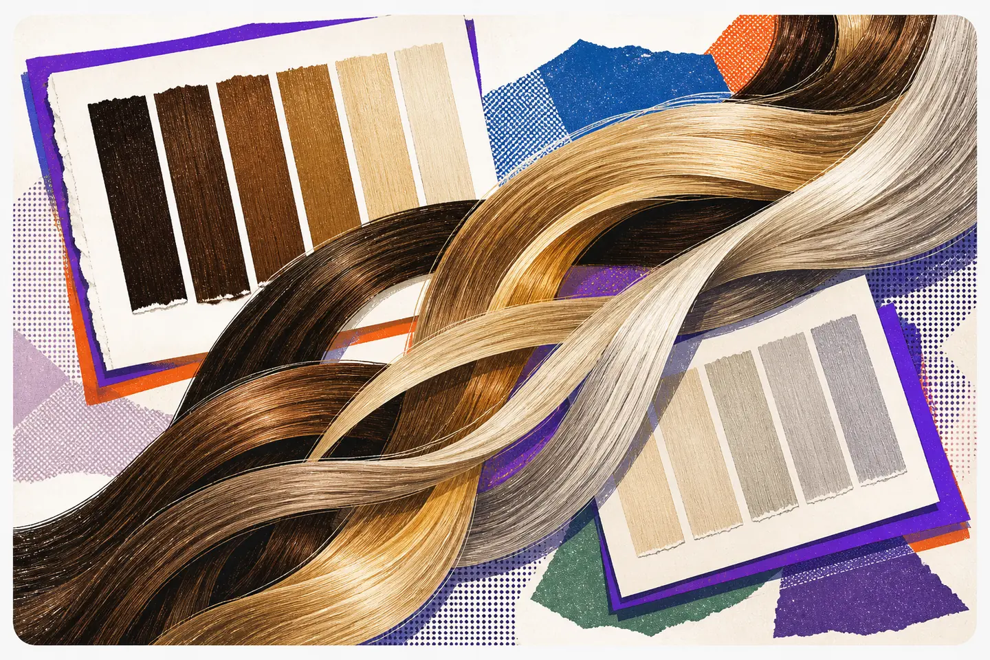Abstract editorial collage of interlaced brunette, caramel, honey blonde, beige, and ash ribbons over tilted color swatch sheets with violet offset shadows.