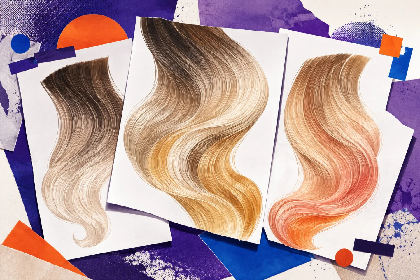Illustrated beige, honey-gold, and strawberry-peach hair swatches on overlapping white sheets with violet print textures and orange and blue accents.