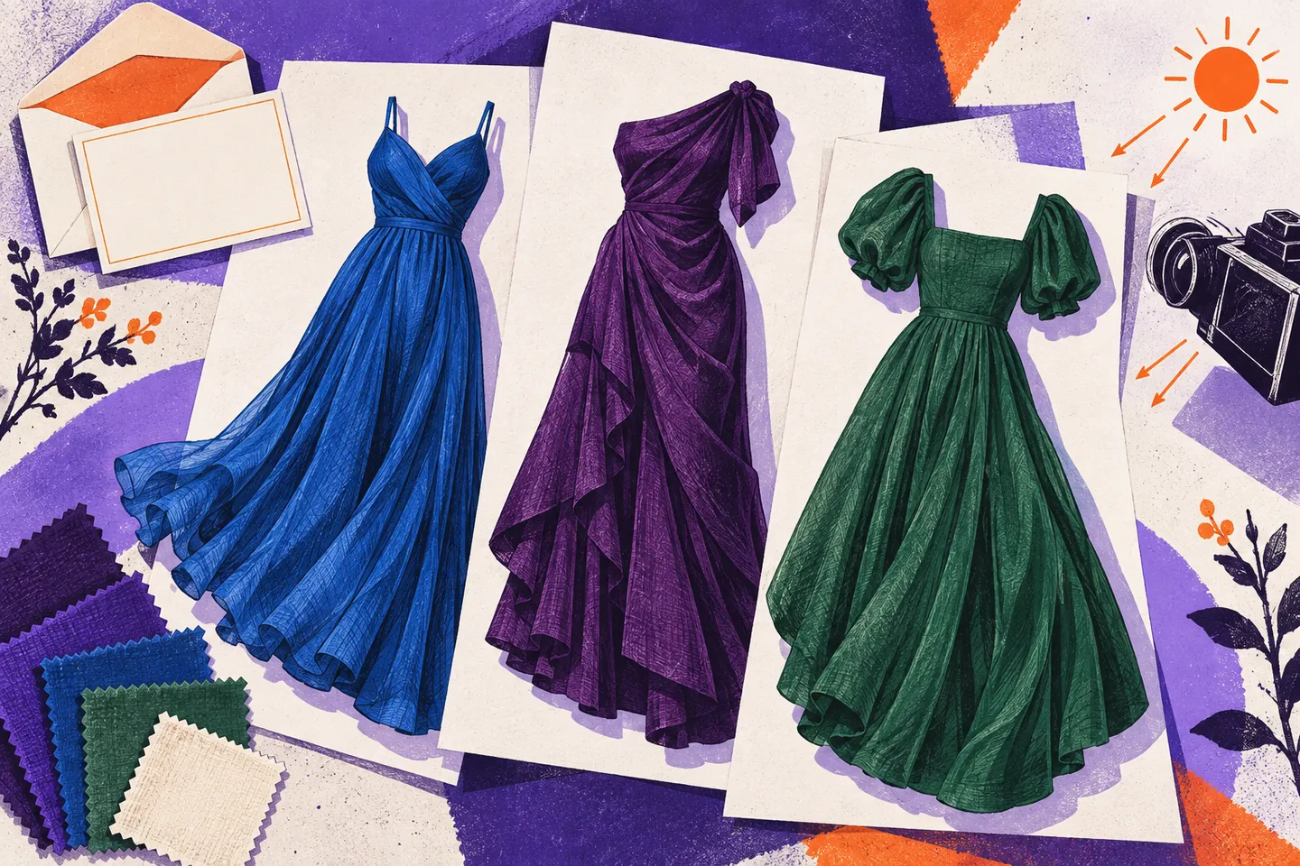 Textured editorial collage of blue, plum and forest-green dresses on overlapping paper sheets, with fabric swatches, an invitation, a camera and a sun symbol.