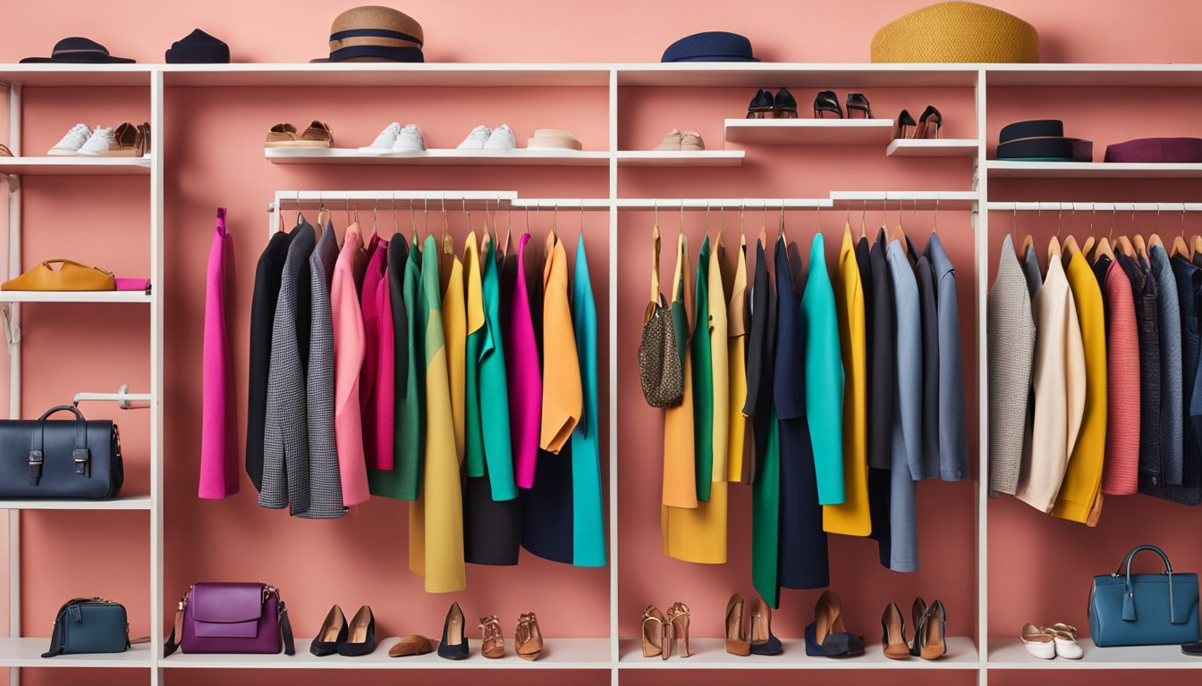 A diverse array of clothing and accessories in various colors, arranged in a visually appealing and organized manner, reflecting the principles of color psychology in fashion