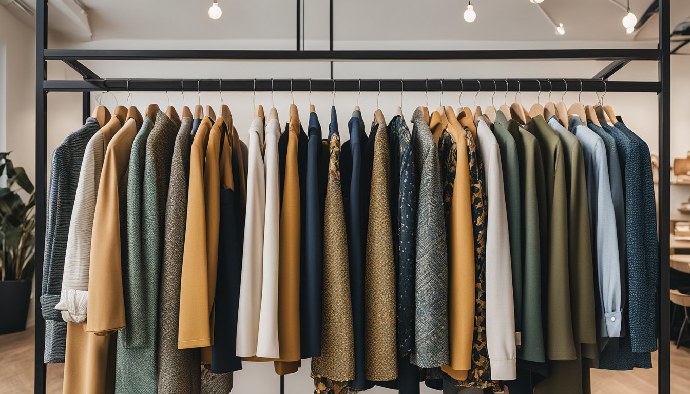 A clothing rack displays a variety of casual fabrics in trendy colors and patterns for 2023. Bold prints and earthy tones dominate the selection