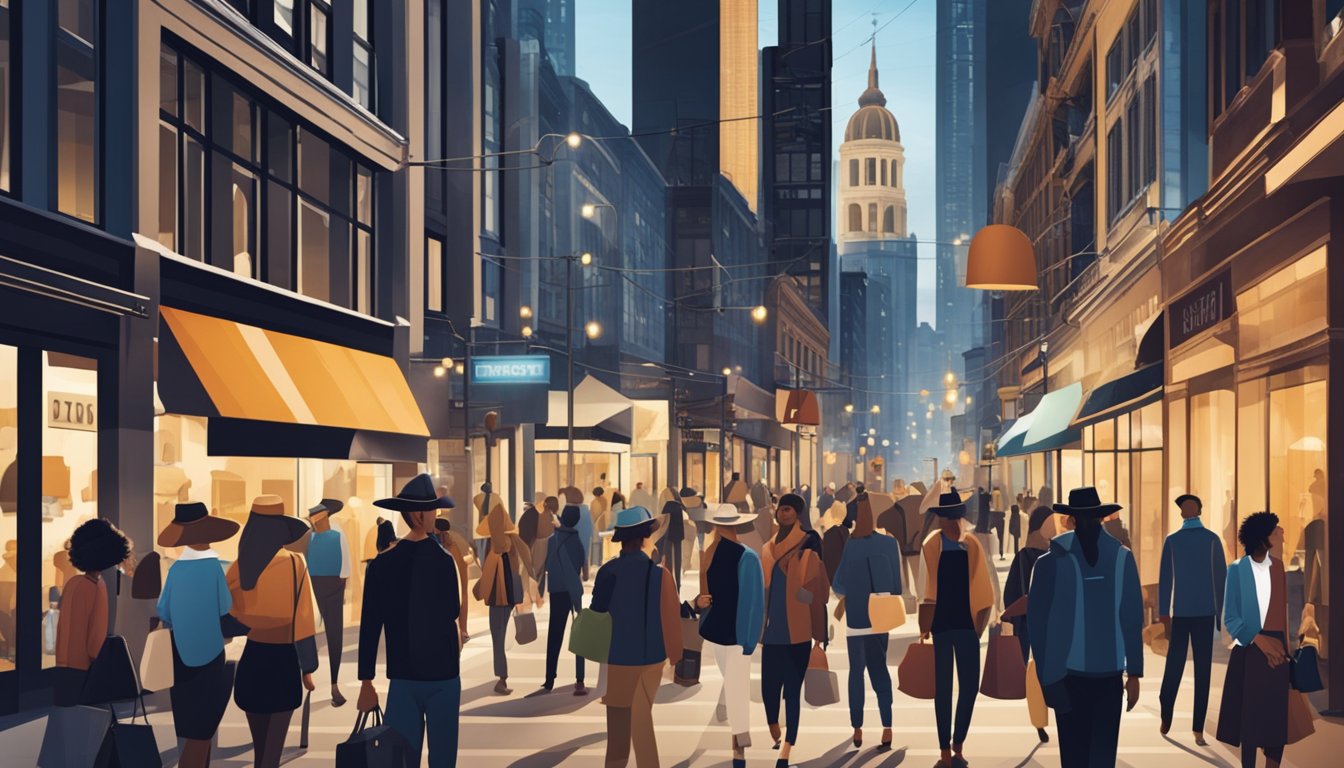 A bustling city street with a diverse crowd. Storefronts display a variety of stylish hats. A trendy urban vibe permeates the scene