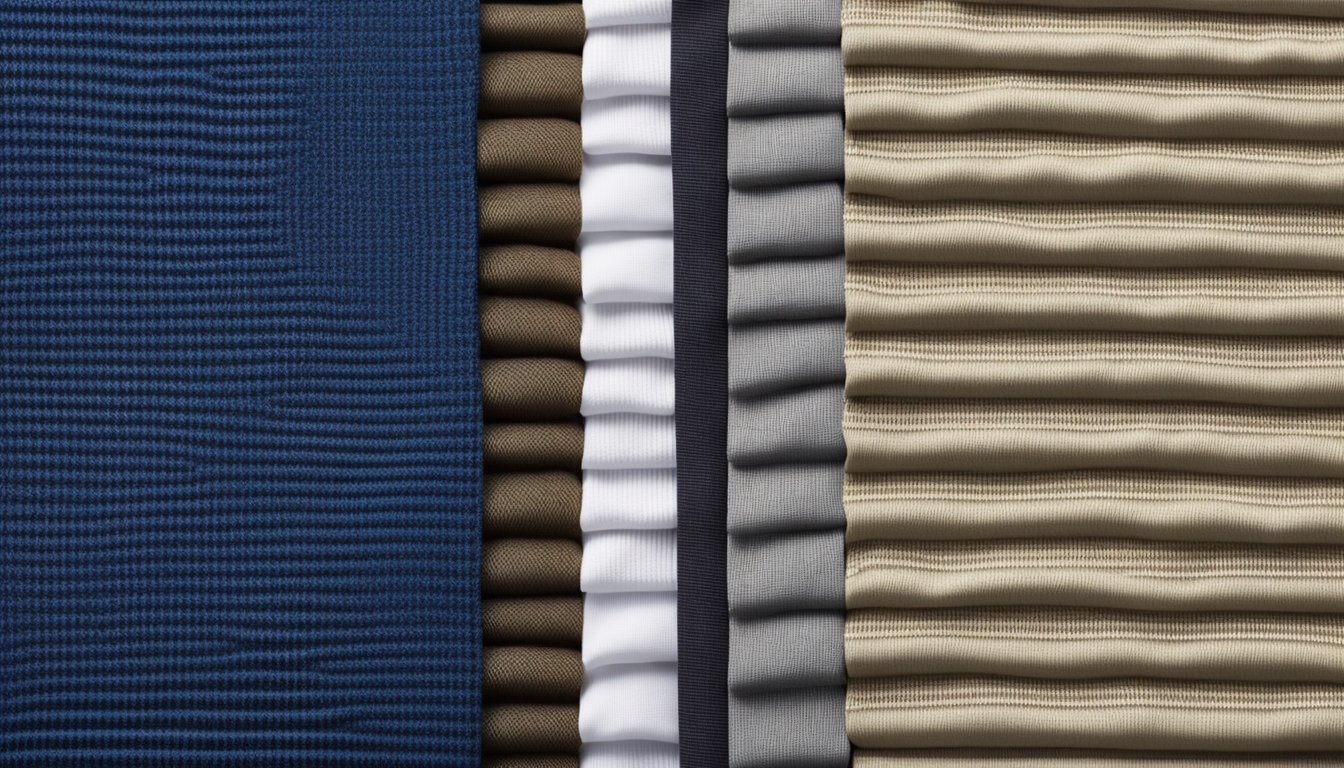 A polo and t-shirt fabric comparison. Show two fabric swatches side by side, with distinct textures and patterns. The polo fabric should be slightly thicker and have a pique knit, while the t-shirt fabric should be thinner and have a smoother jersey knit