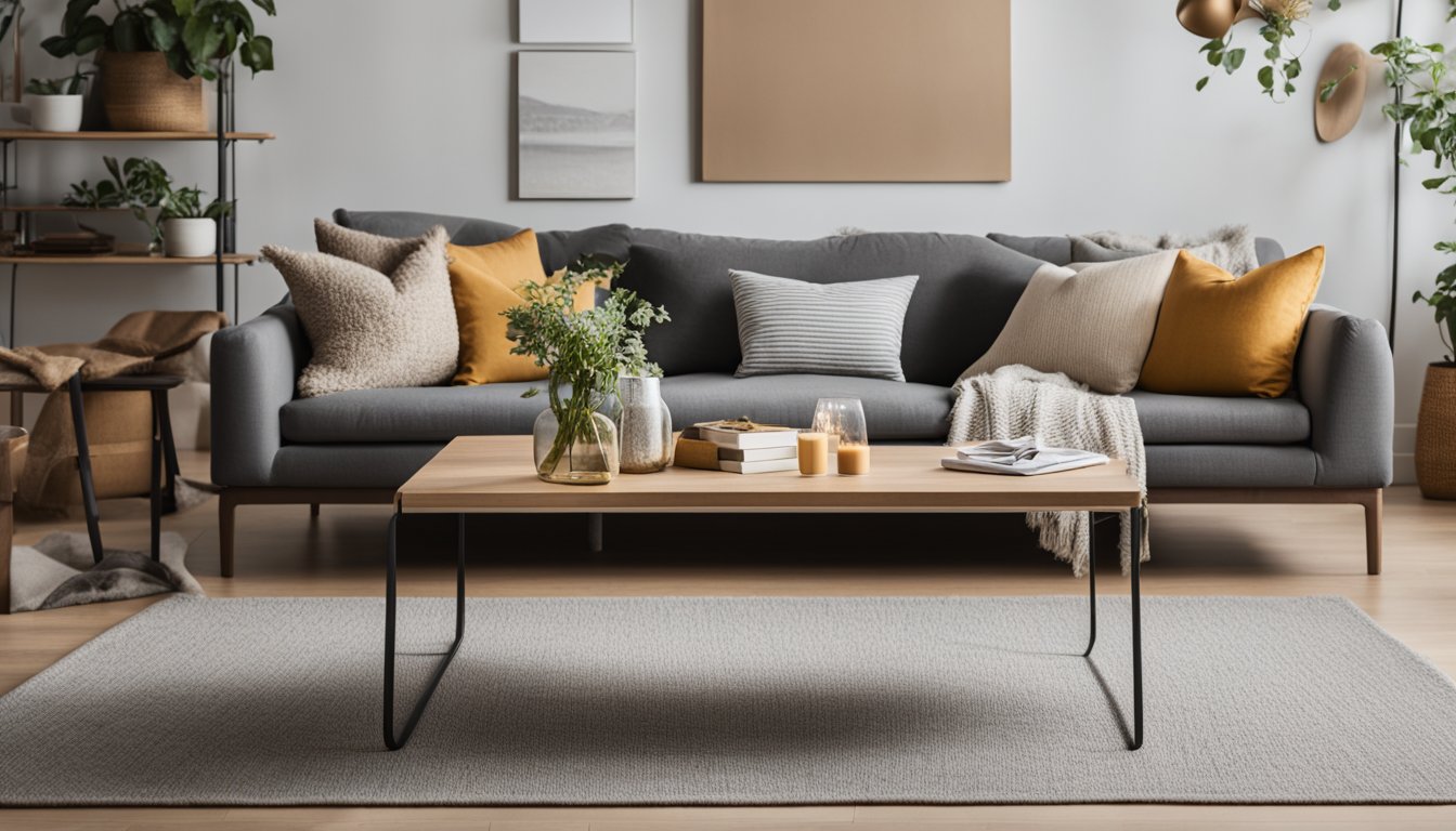A cozy living room with a messy couch and scattered pillows. A casual outfit hangs on a chair, while loungewear is neatly folded on a side table