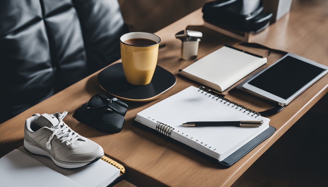 A table with a mug, pen, and notepad. A chair with a jacket draped over it. A pair of sneakers on the floor