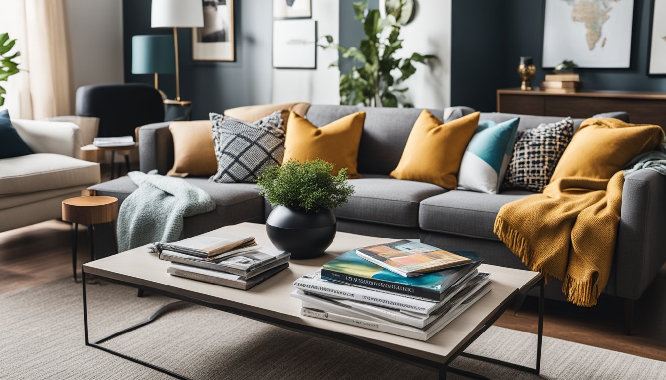A cozy living room with a relaxed, stylish atmosphere. A comfortable sofa with a colorful signature print throw pillow. A stack of fashion magazines on a coffee table
