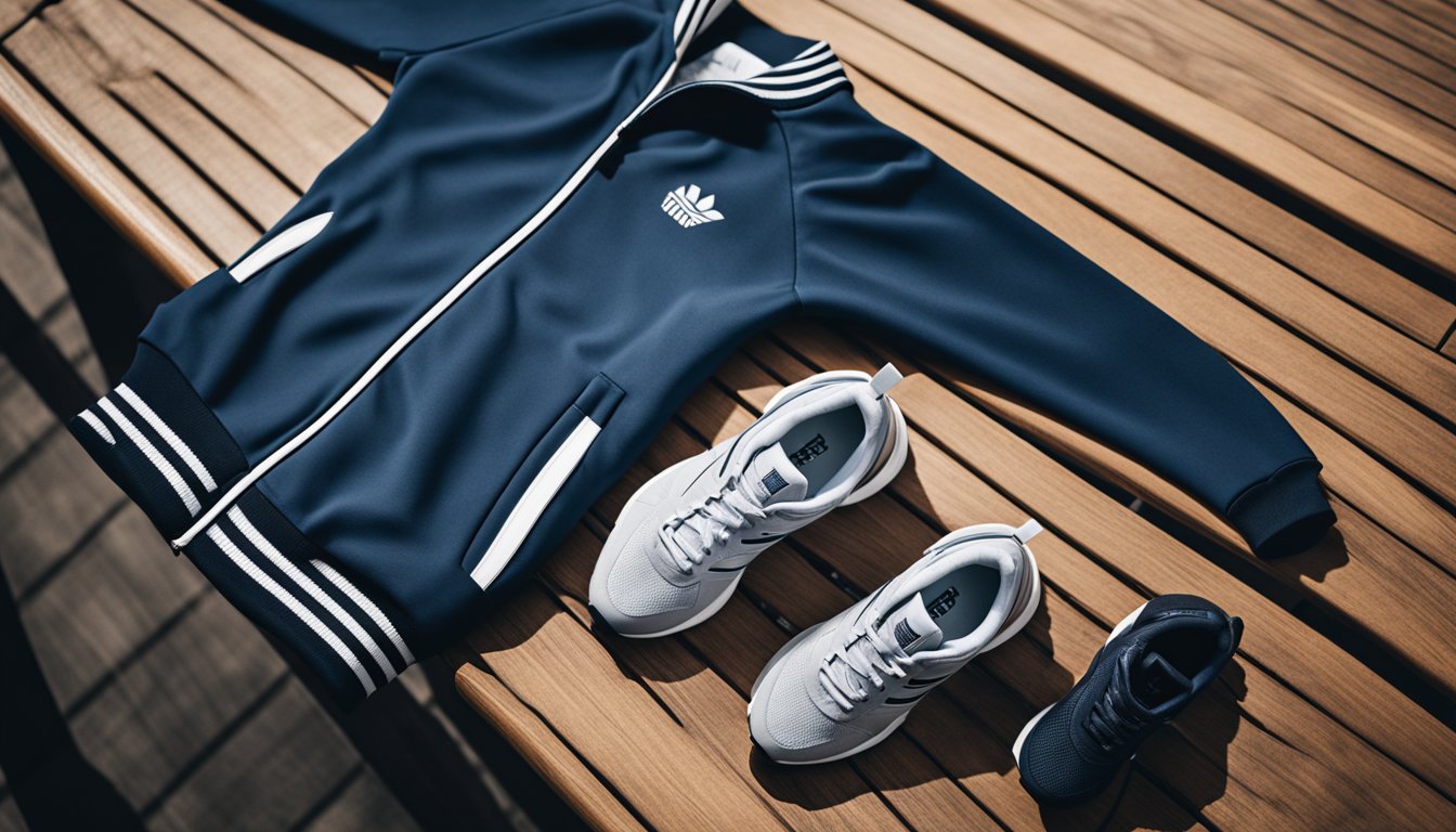 A pair of sporty joggers, a matching zip-up jacket, and a sleek pair of running shoes laid out neatly on a wooden bench