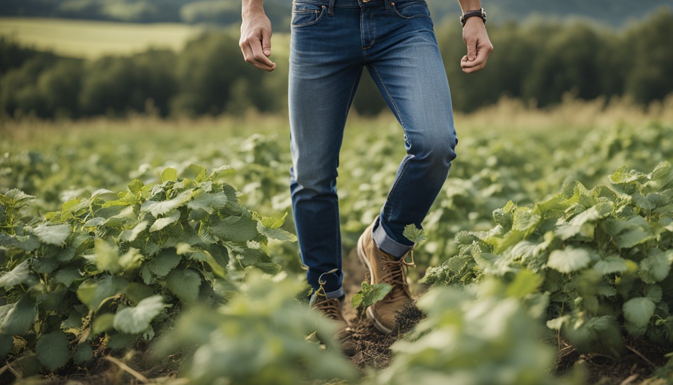 A pair of jeans being dragged through a rugged field, catching on brambles and stones, testing their durability
