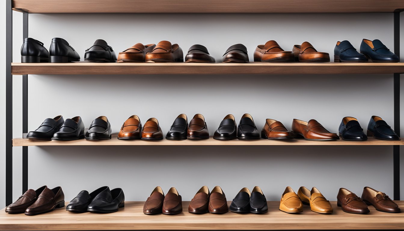 A pair of formal loafers and a pair of casual loafers arranged neatly on a wooden shoe rack