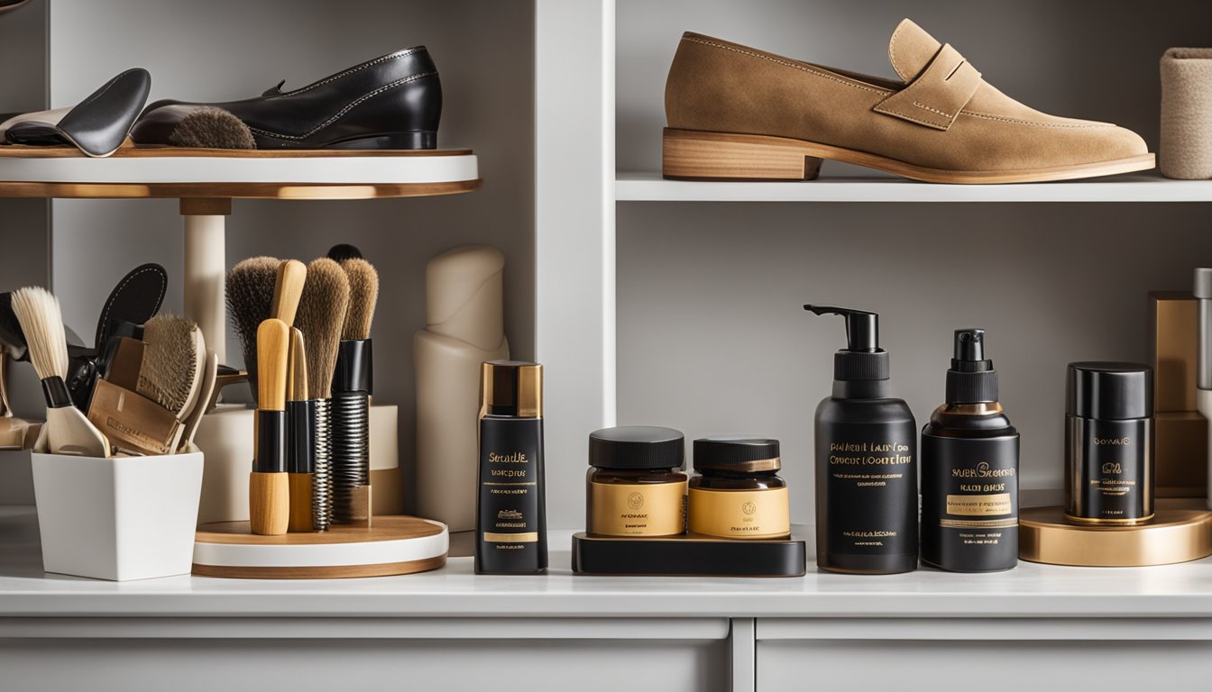 A shelf with neatly arranged shoe care products, including a shoe tree, brush, and polish. A pair of loafers sits on the shelf, surrounded by the tools for optimizing storage and longevity