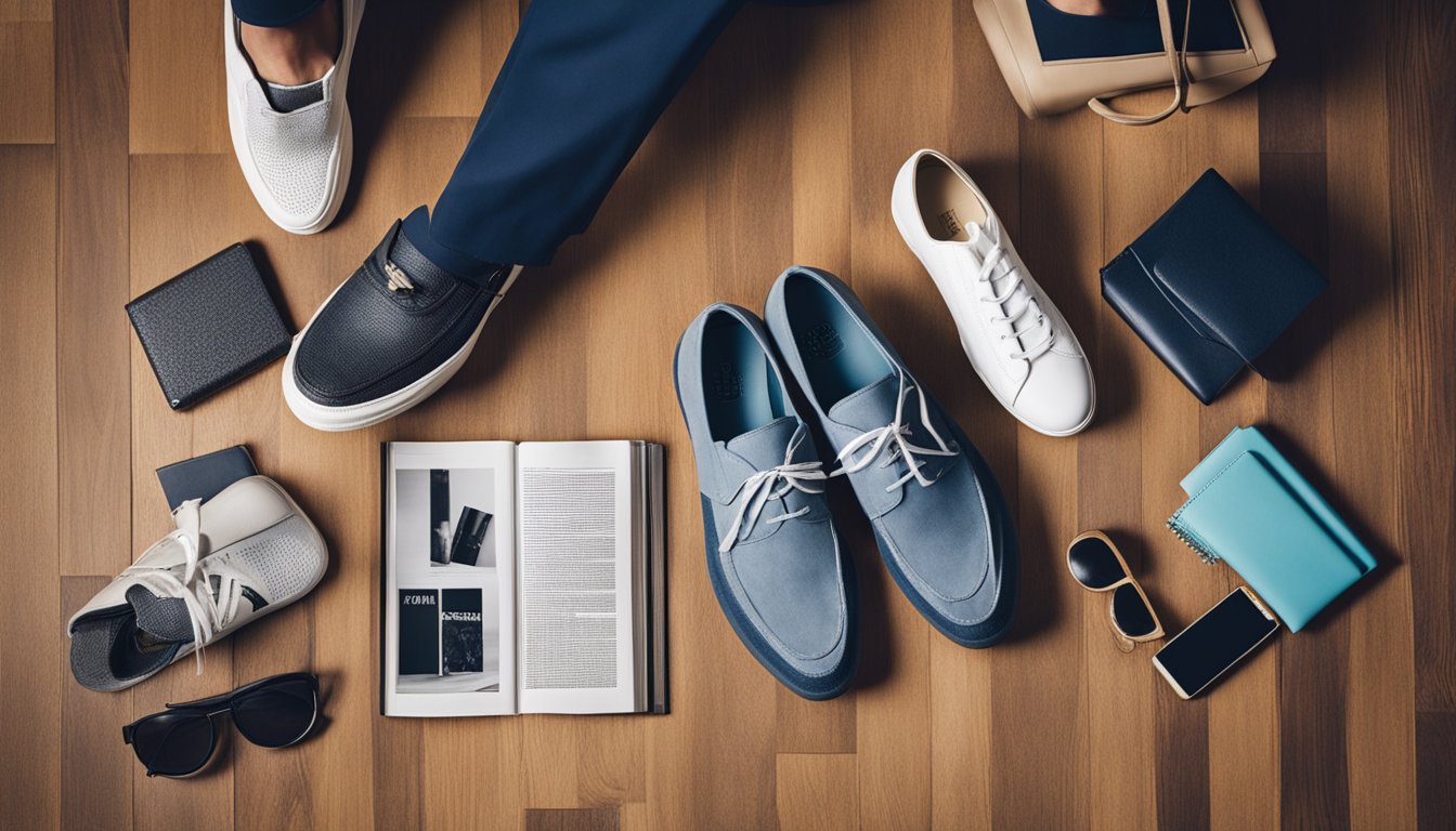 A pair of loafers and a pair of sneakers placed side by side on a wooden floor, surrounded by scattered fashion magazines and stylish accessories