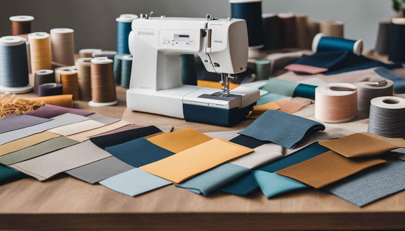 A table with various fabric swatches, scissors, and a sewing machine. A mood board with color palettes and style inspiration pinned to the wall