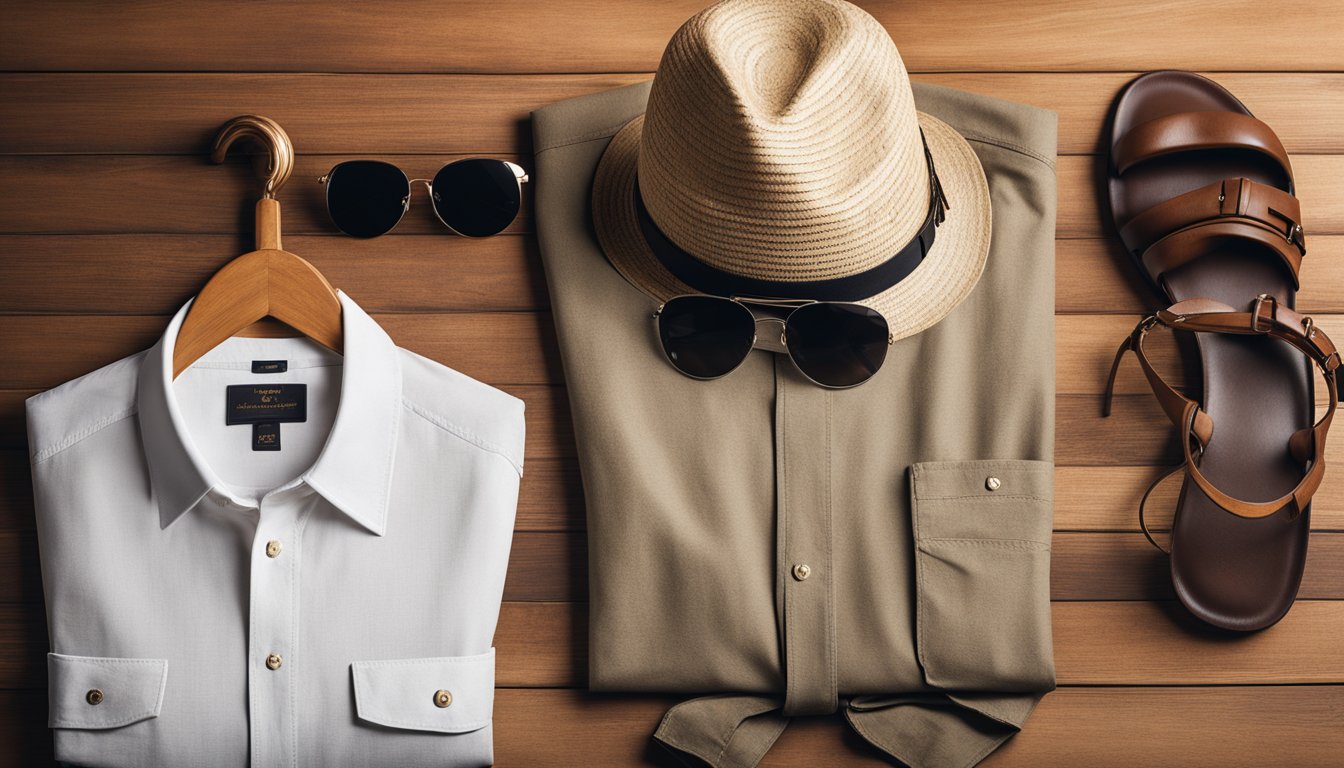 A linen shirt draped over a wooden hanger, surrounded by a straw hat, sunglasses, and a pair of leather sandals